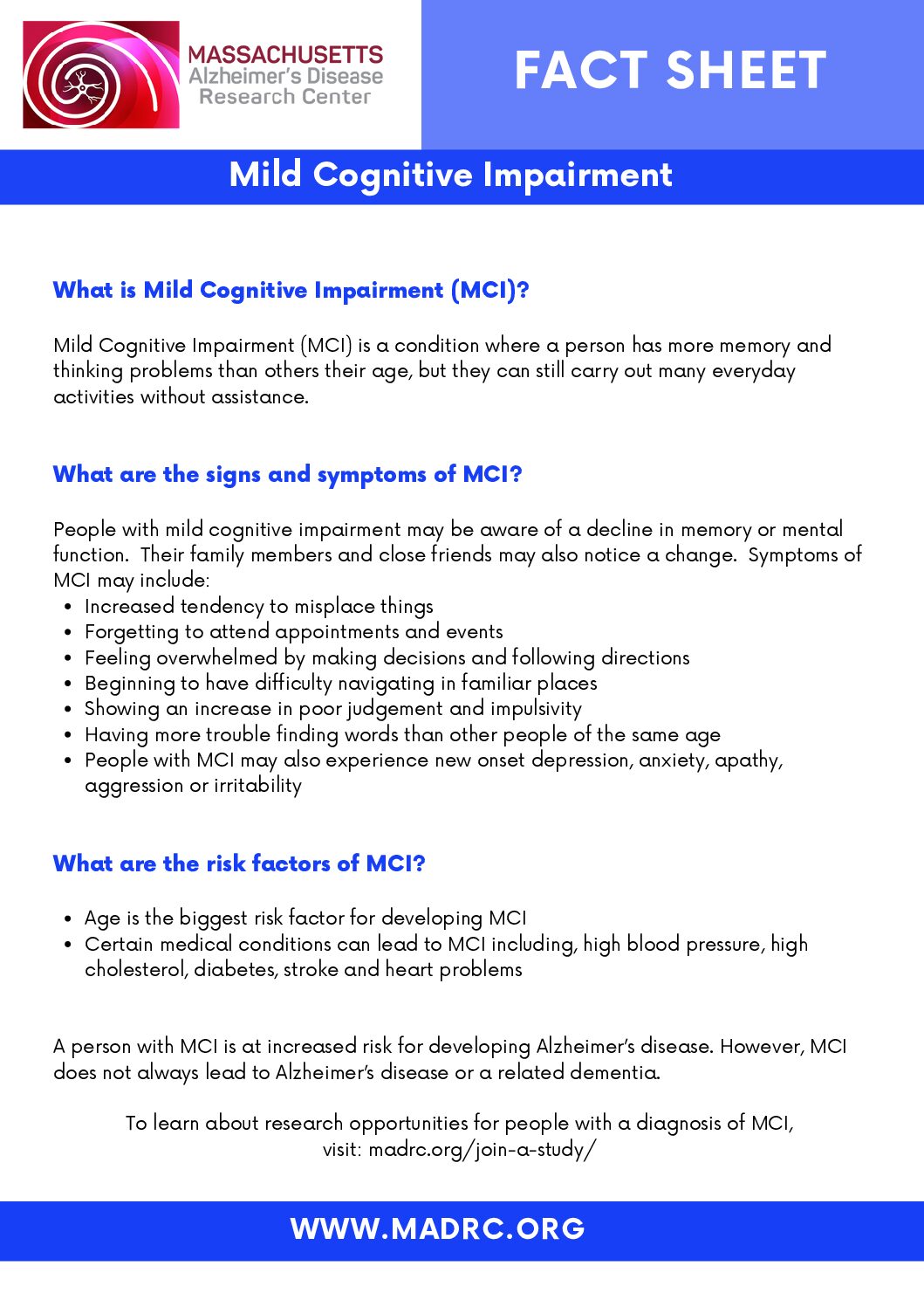 Mild cognitive impairment sheet