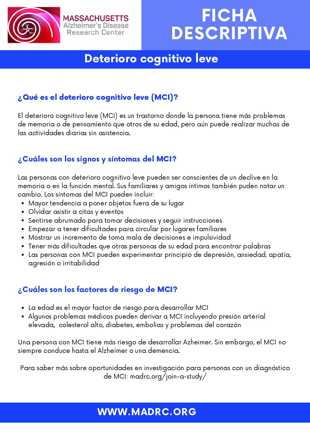 Mild cognitive impairment sheet - Spanish